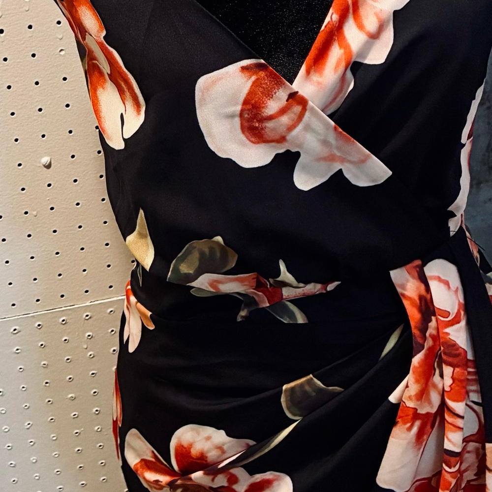 Floral Wrap-Style Black Dress with Red & White Blooms